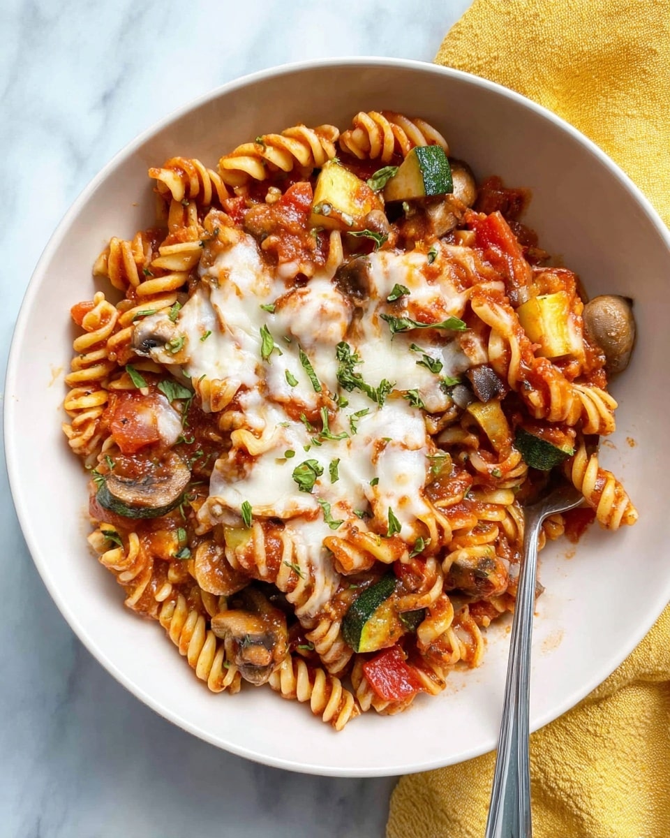 A white bowl filled with three layers of thick spiral pasta in a rich red tomato sauce mixed with diced red bell peppers, sliced mushrooms, and chunks of green zucchini. Melted white cheese is spread unevenly on top, adding a soft texture with small green herb bits sprinkled over everything. A silver spoon is placed on the right side inside the bowl. The bowl is set on a white marbled surface with a yellow cloth partly visible under it. photo taken with an iphone --ar 4:5 --v 7