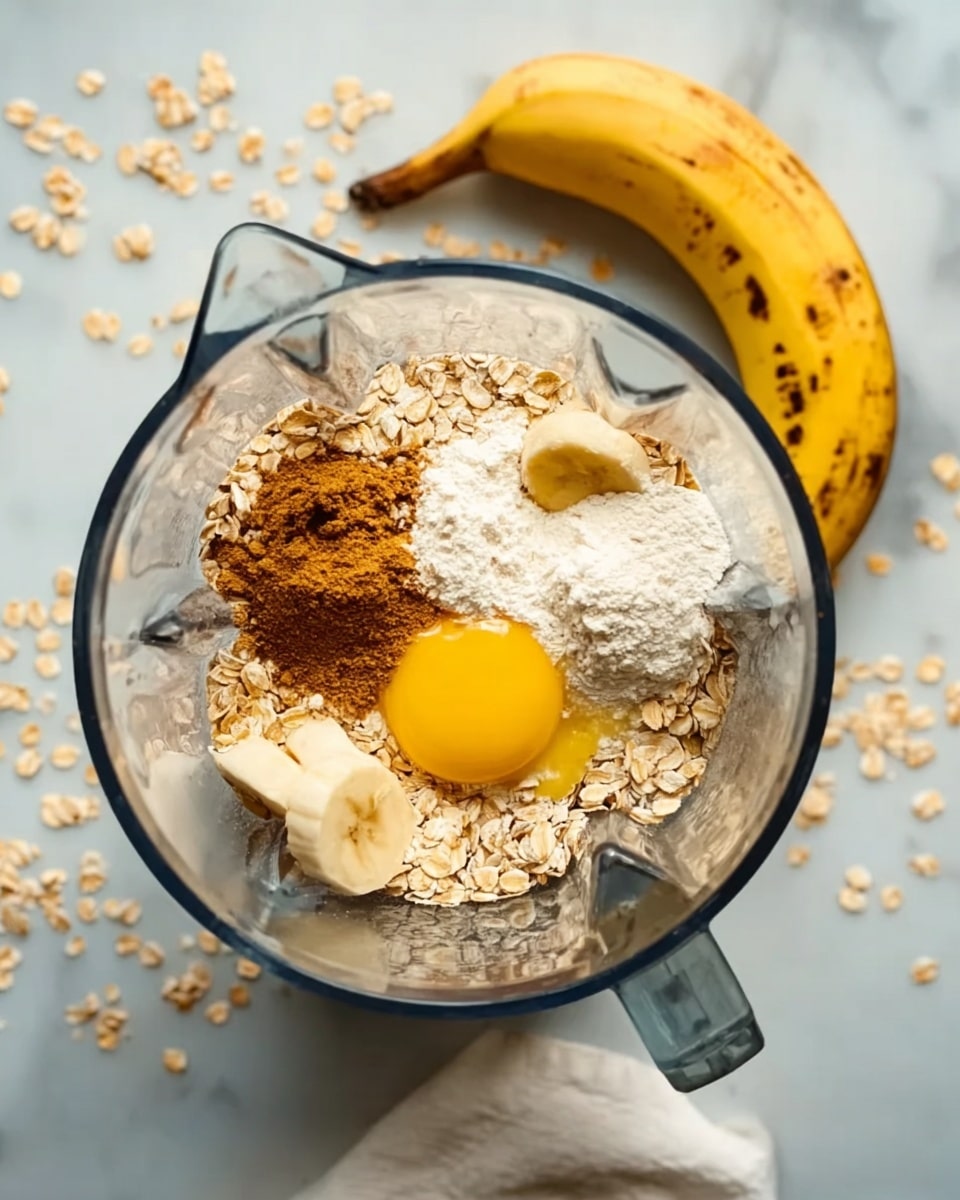 A clear blender jar sits on a white marbled surface with scattered oats around. Inside the blender, there is a layer of rolled oats covering the bottom, topped with a bright yellow egg yolk, a split banana with its soft yellow flesh exposed, a pile of white flour, and a heap of brown cinnamon on one side. A whole ripe banana with brown spots lies nearby, and a white cloth is partially visible at the edge of the scene. The lighting is soft and natural, showing all details clearly. Photo taken with an iphone --ar 4:5 --v 7