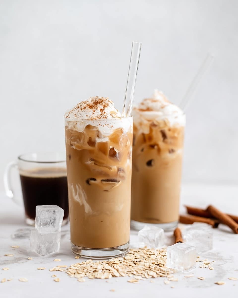 Two tall clear glasses filled with light brown iced coffee, each with visible ice cubes inside, topped with white whipped cream and a light dusting of brown cinnamon powder. Each glass has a clear straw angled out from the top. In front of the glasses are scattered clear ice cubes, beige oat flakes, and a single brown cinnamon stick, all on a white marbled surface. In the background, there is a small clear cup of dark coffee. The scene is bright and simple with a white marbled texture photo taken with an iphone --ar 4:5 --v 7