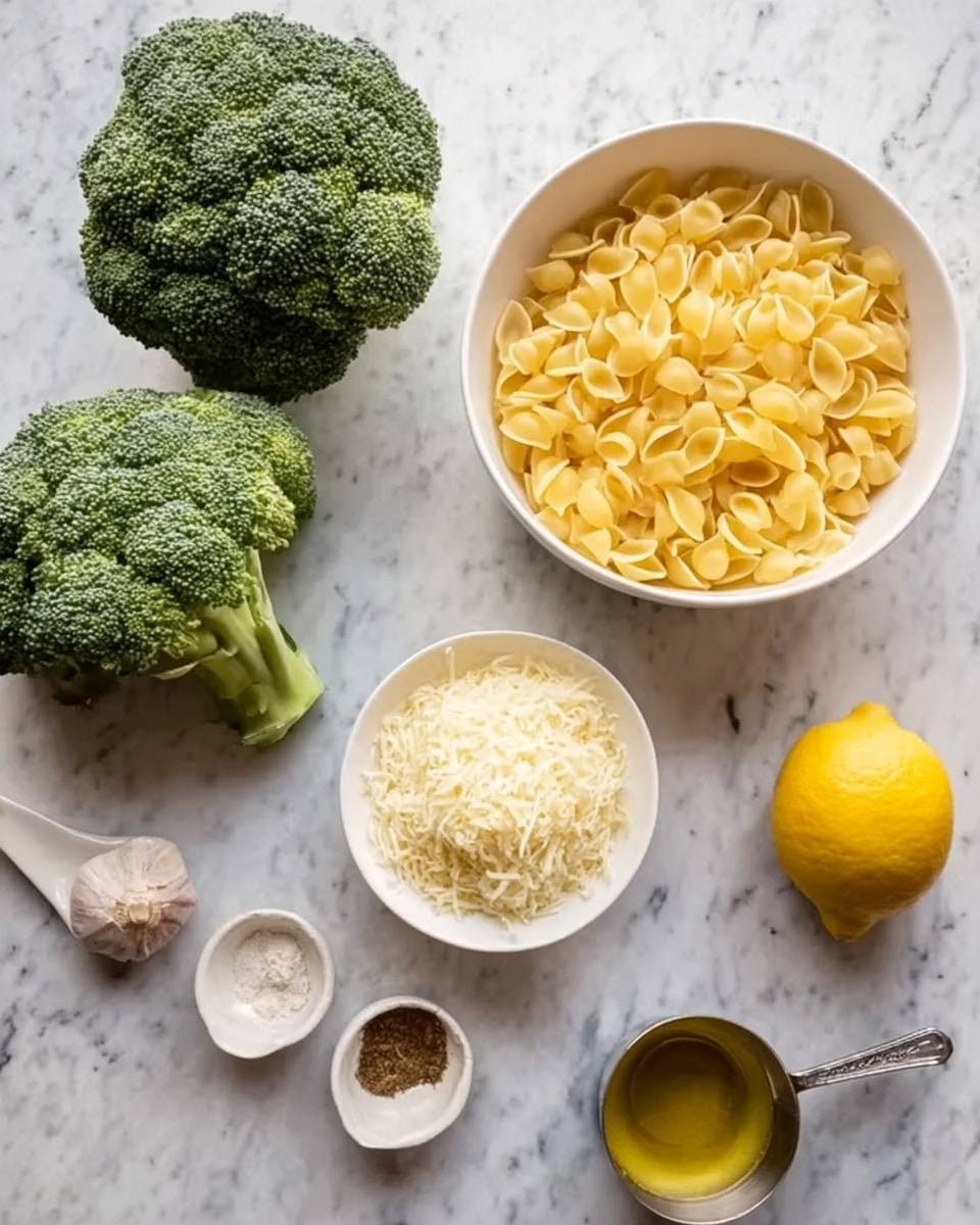 The image shows a white marbled surface with ingredients neatly arranged. There are two large green broccoli heads on the left, a white bowl filled with uncooked yellow pasta shells in the center, and a small white bowl with shredded pale yellow cheese on the right. Nearby, there is a whole yellow lemon placed close to the cheese bowl, a small metal cup with a golden liquid near the lemon, and a white measuring spoon holding three types of white and brown spices. Additionally, there is a peeled garlic clove near the spice spoon. The photo taken with an iphone --ar 4:5 --v 7