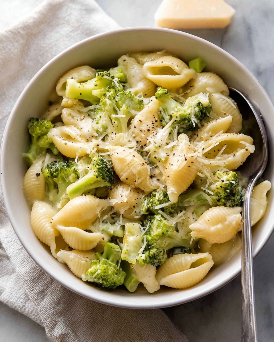 A bowl filled with three layers of shell pasta that is light yellow and smooth, bright green broccoli pieces scattered evenly among the pasta, and a creamy light beige sauce coating all the pasta and broccoli. The top layer has finely grated white cheese and small black pepper specks sprinkled across, with a silver spoon inside the bowl. The bowl is white, sitting on a white marbled surface with a light-colored cloth nearby. Photo taken with an iphone --ar 4:5 --v 7