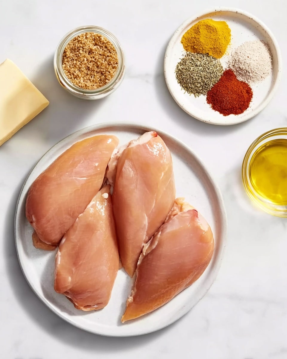 A white plate holds five raw chicken pieces, each smooth and pink with a slightly shiny texture, arranged neatly covering most of the plate. Above the plate, there is another small white plate with seven different spices placed separately in small piles: one is yellow, another is red, a few are shades of brown, green, and gray, showing a mix of powdery and fine textures. To the left of the plate with chicken, a small glass jar holds a coarse spice blend with a slightly chunky texture and brownish color. On the right side, two small clear glass containers hold yellow olive oil with a smooth surface and a solid piece of pale yellow butter, respectively. All these items sit on a white marbled surface, creating a clean and bright background. A woman's hand is placed near the edge of the plate. photo taken with an iphone --ar 4:5 --v 7