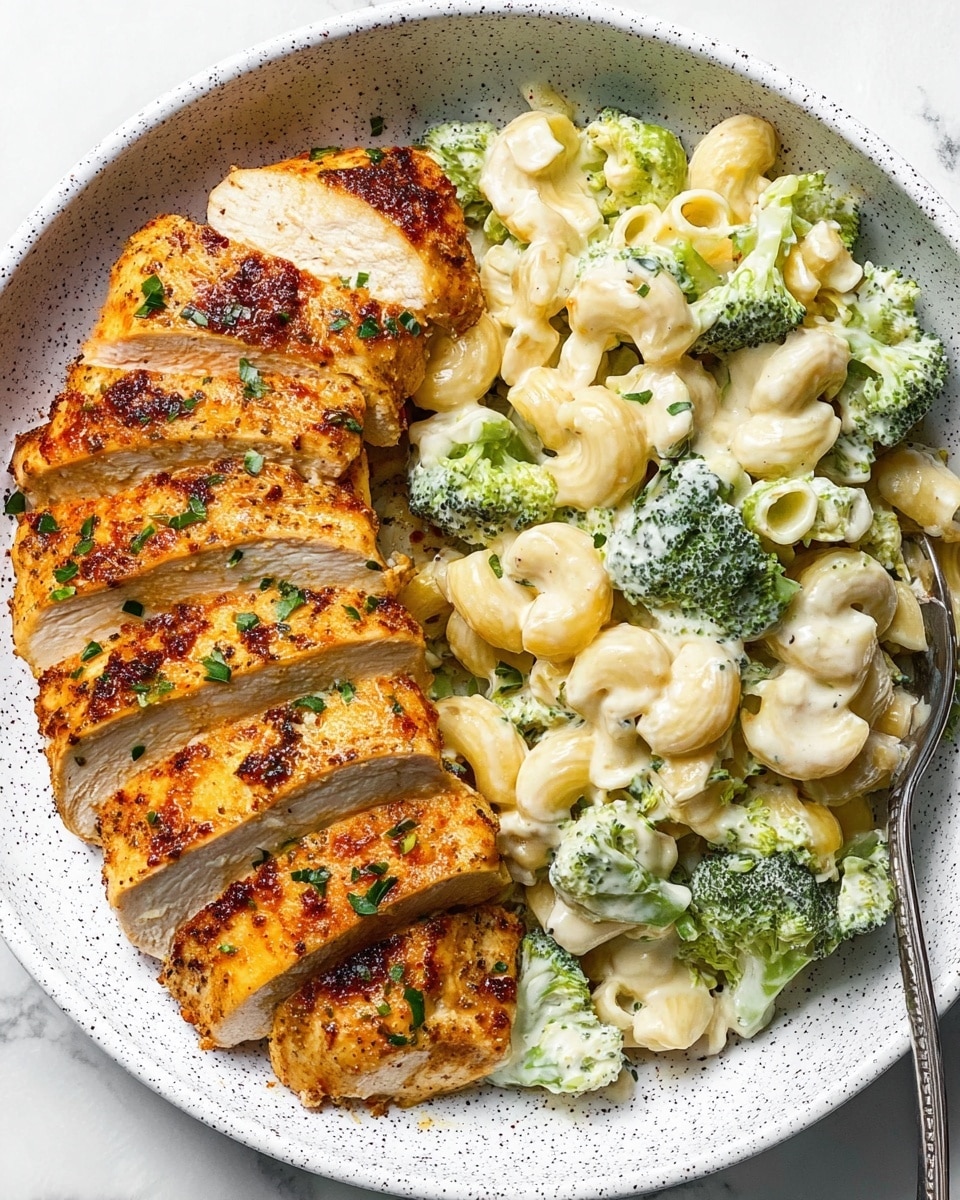 A white speckled plate holds a meal with two main parts side by side on a white marbled texture surface. On the left, there are five thick slices of cooked chicken with a golden-brown, slightly crispy outer layer with small green herbs sprinkled on top. The chicken is juicy and tender inside, showing a light, creamy interior. On the right, there is a creamy dish made of macaroni pasta and bright green broccoli florets coated in a thick white sauce. A silver fork rests partially in the pasta and broccoli mix at the plate’s edge. Photo taken with an iphone --ar 4:5 --v 7