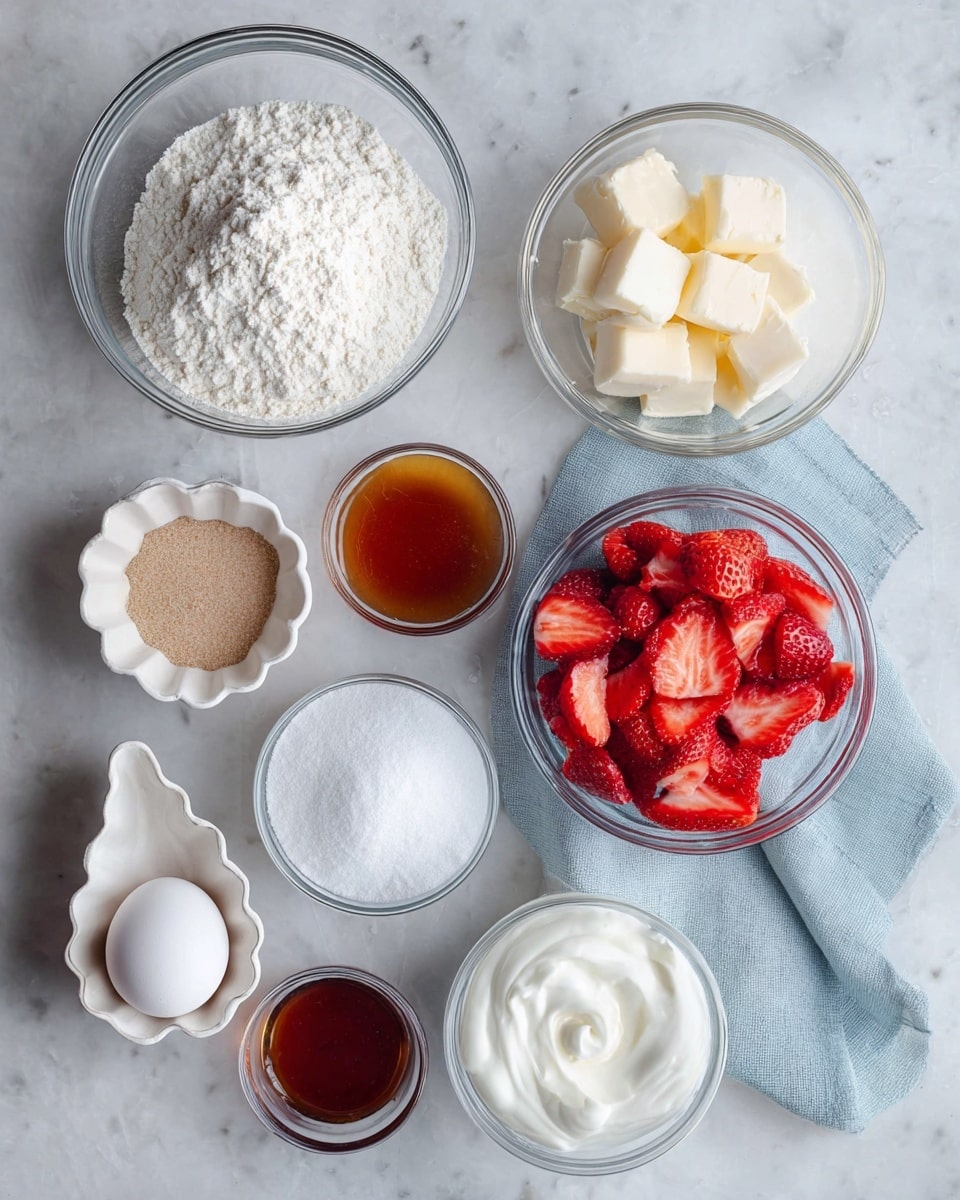 The image shows various cooking ingredients arranged neatly on a white marbled surface. There are seven containers holding different items: a large clear bowl of white flour at the top left, a smaller clear bowl with pale yellow butter cubes to the right, and a large clear bowl filled with bright red sliced strawberries at the bottom right resting partly on a light blue cloth. In the center, a small white bowl contains white powder, and a whole white egg is placed next to it. A scalloped white bowl with a white powder (likely baking powder) sits near the bottom left, with a white teardrop-shaped container filled with light brown sugar next to it. There is also a small clear bowl containing a dark amber liquid near the center right, and a small clear bowl with white creamy yogurt placed near the middle left. The whole setup is very clean and bright, with soft natural lighting. Photo taken with an iphone --ar 4:5 --v 7