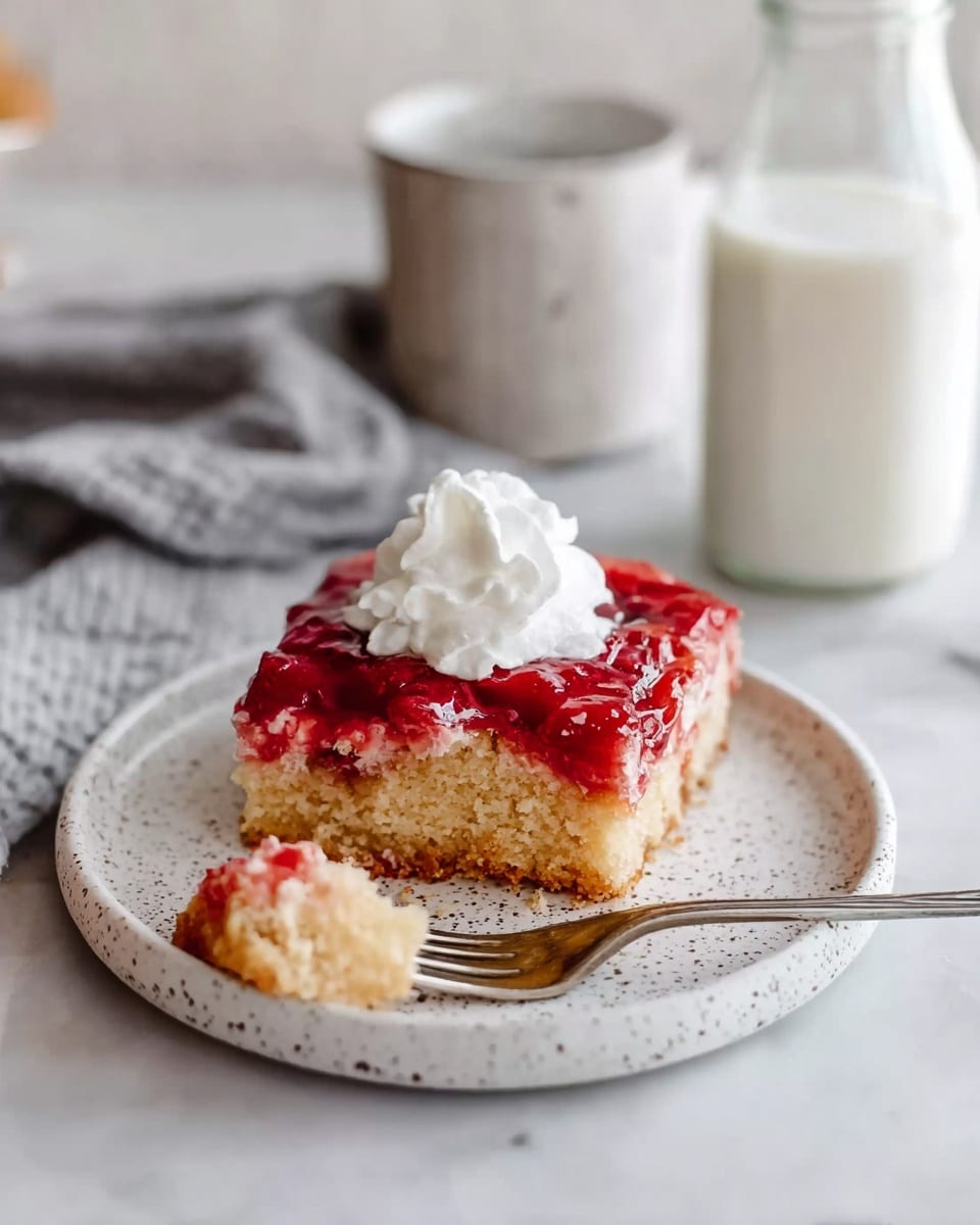 The image shows a single piece of cake on a white speckled plate, with three layers: the bottom layer is a light brown cake with a soft texture, the middle layer is a thick red fruit topping spread unevenly, and the top layer is a dollop of white whipped cream placed in the center. A small piece of the cake is cut and held by a silver fork resting on the plate to the right of the cake. The plate is set on a white marbled surface, with a glass bottle of milk and a white speckled mug blurred in the background. A gray cloth is also partially visible behind the plate. The scene is lit naturally, emphasizing the colors and textures of the cake and toppings. Photo taken with an iphone --ar 4:5 --v 7