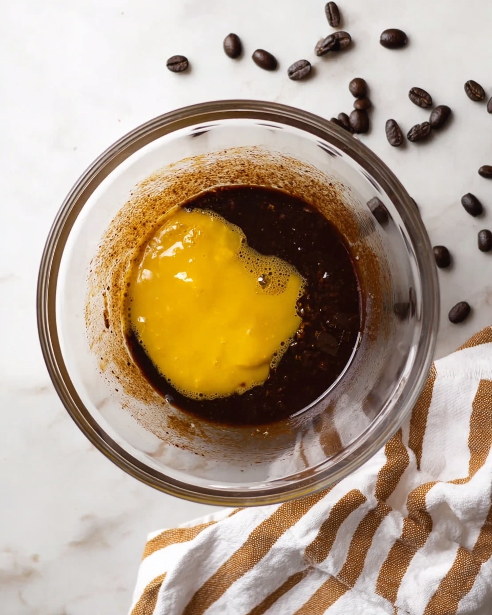 A clear glass mixing bowl holds a dark brown liquid layer filling most of the bowl, with a bright yellow liquid layer on top, partially mixed, sitting in the center. The bowl is on a surface with a white marbled texture, scattered with dark brown coffee beans, and a white cloth with brown stripes lies nearby. The image is taken from above, showing the textures and colors clearly. Photo taken with an iphone --ar 4:5 --v 7