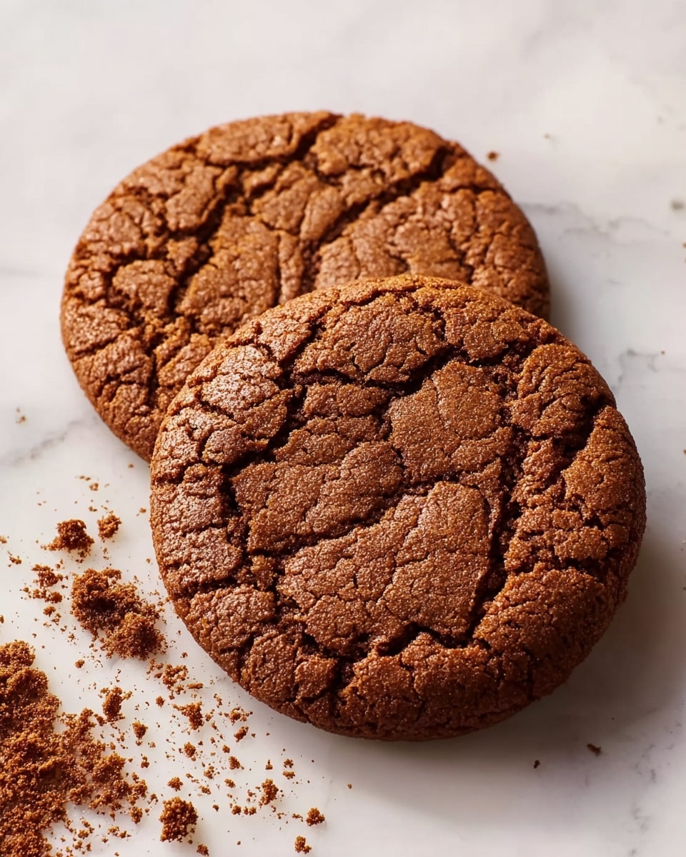 Two round chocolate cookies lie on a white marbled surface, slightly overlapping each other. The cookies have a cracked, textured top with darker lines creating a natural pattern on their golden brown surface. Small crumbs are scattered around the cookies on the marbled surface, adding to the fresh-baked feel. photo taken with an iphone --ar 4:5 --v 7