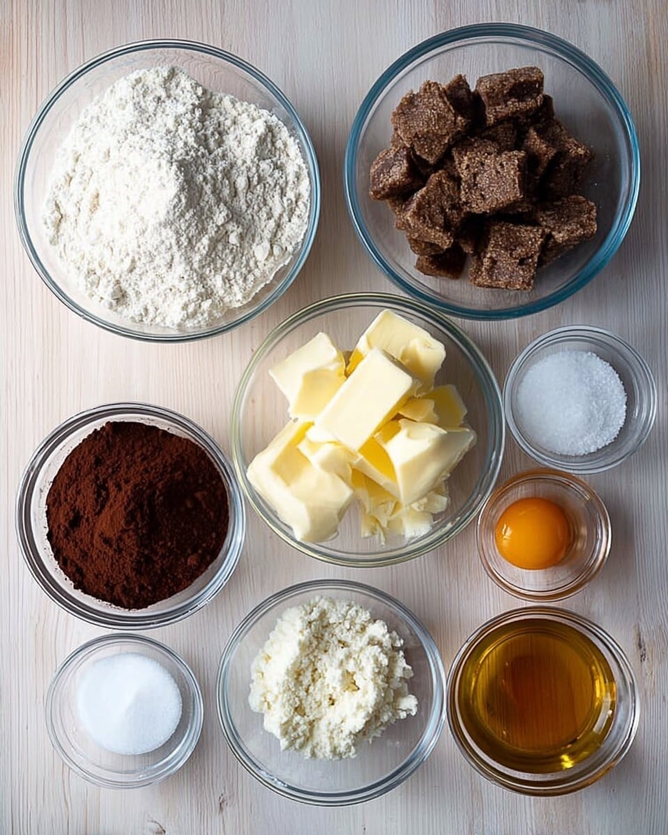 The image shows eight clear glass bowls arranged on a light wooden surface. At the top left, there's a bowl filled with white flour, next to it on the right is a larger bowl with brown sugar. Below the flour bowl is a bowl with several chunks of pale yellow butter. In the center, slightly below the brown sugar, is a bowl with dark brown cocoa powder. To the right of the cocoa powder, there is a small bowl with a white powder, likely baking soda or baking powder. Below the butter is a small bowl with a white granular ingredient, possibly salt or coconut flakes. To the bottom right of the image are two smaller bowls, one with a raw whole egg and the other with a golden brown liquid, likely vanilla extract. All the bowls are transparent and placed on a white marbled textured surface. photo taken with an iphone --ar 4:5 --v 7