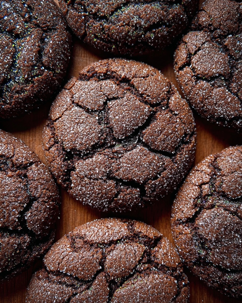 The image shows several round chocolate cookies arranged closely together on a warm brown wooden surface with a white marbled texture in the background. Each cookie has a cracked and rough texture on the surface, revealing a slightly darker chocolate shade beneath the outer layer, with a light dusting of sugar that adds a sparkling effect. The cookies have a deep dark brown color with lighter brown highlights where the cracks are more prominent, emphasizing their rich and dense texture. Photo taken with an iphone --ar 4:5 --v 7