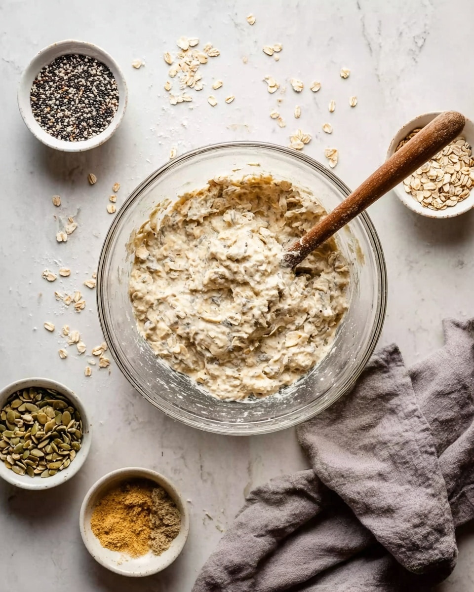 A clear glass bowl holds a thick, creamy oat mixture with a slightly lumpy texture, sitting in the center of a white marbled surface. A wooden spoon rests inside the bowl, its handle angled to the right, while some oat flakes and seeds are scattered around the bowl. Four small white bowls surround the central bowl: one with black and white seeds on top left, one with light brown seeds on top right, one with greenish seeds below right, and one with a golden spice below left. A crumpled gray cloth is placed near the bottom right of the bowl, adding a soft texture to the scene. The lighting is soft, highlighting the natural colors of the ingredients. photo taken with an iphone --ar 4:5 --v 7