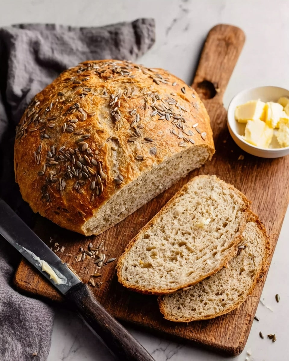A round loaf of bread with a golden brown crust topped with scattered seeds sits on a wooden cutting board. Two slices of the bread lie next to the loaf, showing a soft, slightly grainy light brown inside texture. A black knife with butter on its blade rests diagonally on the board near the slices. A small white bowl of butter is nearby. The whole scene is set on a white marbled surface with a gray cloth partially visible on the left side. photo taken with an iphone --ar 4:5 --v 7
