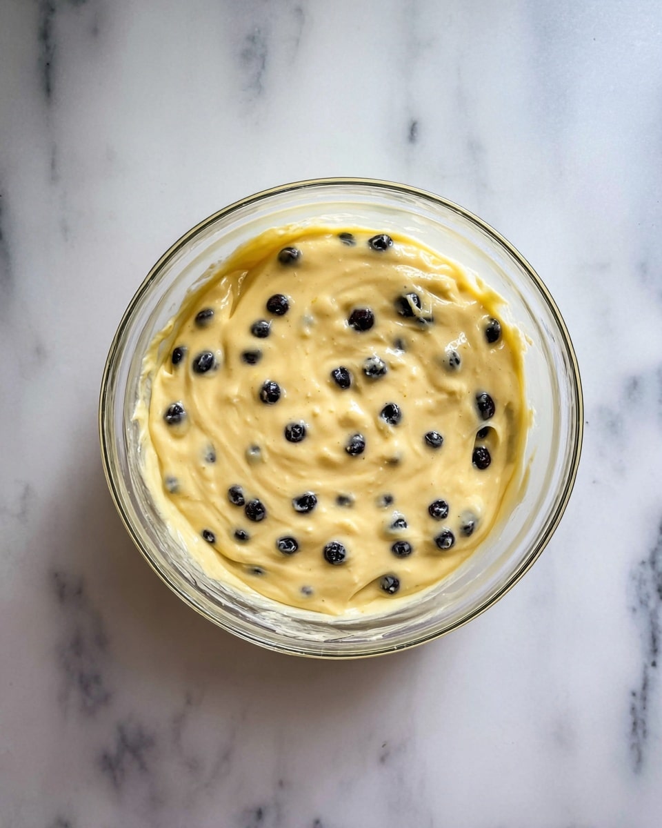 A clear glass bowl sits on a white marbled surface, filled with a single layer of yellowish batter mixed evenly with small, round, dark blueberries scattered throughout. The batter has a smooth, thick texture with slight swirls on the surface showing gentle stirring. The bowl is centered in the image with the marbled background softly visible around it. photo taken with an iphone --ar 4:5 --v 7