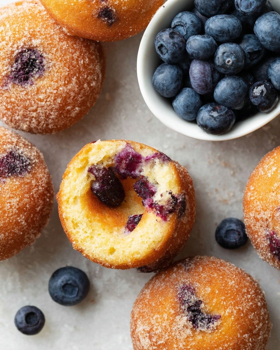 The image shows several golden-brown mini blueberry donuts with a slightly rough texture and small dark purple spots of blueberries inside. The donuts are arranged on a white marbled surface with a small white bowl filled with fresh dark blue and purple blueberries at the top right. A few loose blueberries are scattered around the donuts and bowl, adding pops of blue color against the white marbled background. The overall look is fresh and inviting, with the close-up detail showing the soft inside and crispy outside of the donuts. photo taken with an iphone --ar 4:5 --v 7