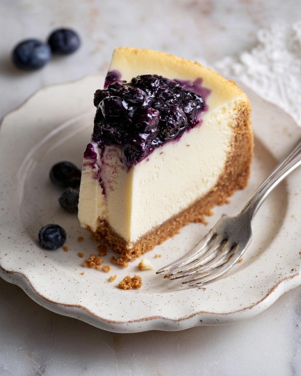 A slice of cheesecake sits on a white plate with a scalloped edge and small brown speckles, placed on a white marbled surface. The cheesecake has three visible layers: a thick, light brown crumbly base at the bottom; a large, creamy, pale yellow middle layer; and a thin top layer of mixed blueberry topping with dark purple and blue colors, some juices mixing into the cream layer. A silver fork rests on the plate beside the cheesecake, with a few crumbs and berry stains near it. A couple of whole blueberries are scattered around on the surface. Photo taken with an iphone --ar 4:5 --v 7
