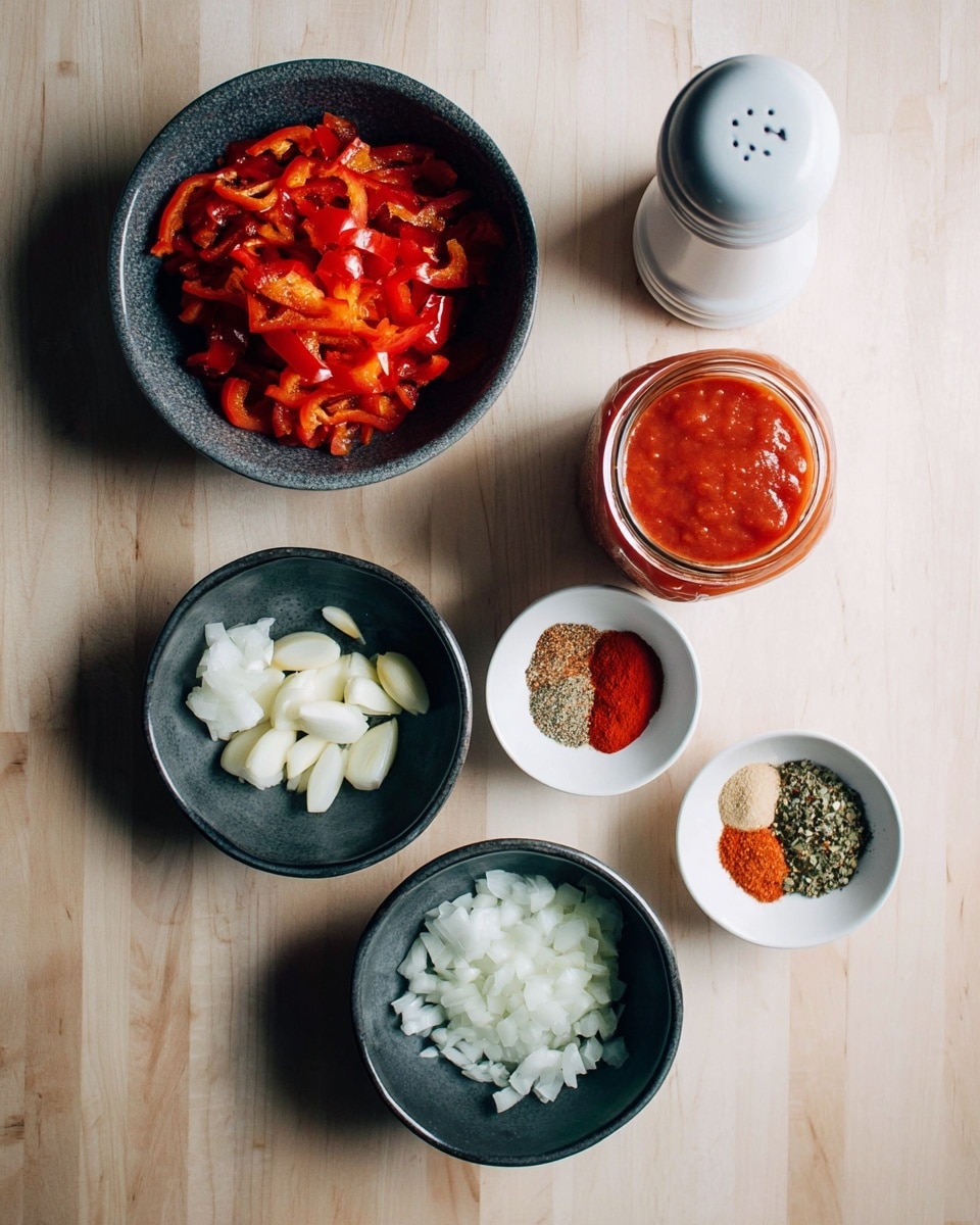 The image shows five small white and dark bowls arranged on a white marbled texture surface, each holding different ingredients for cooking. The top dark bowl contains chopped roasted red and orange bell peppers with a slightly shiny texture. To the right, a small white bowl holds four different powder spices in separate piles: bright red paprika, light brown cumin, small red chili flakes, and dried green herbs. Below this bowl, another dark bowl is filled with finely chopped white onions, showing a slightly translucent texture. At the bottom left, a white bowl has a small amount of minced garlic. On the left side of the image, there is a glass jar filled with bright red tomato sauce, open at the top and placed near a white pepper grinder with a steel top. Photo taken with an iphone --ar 4:5 --v 7