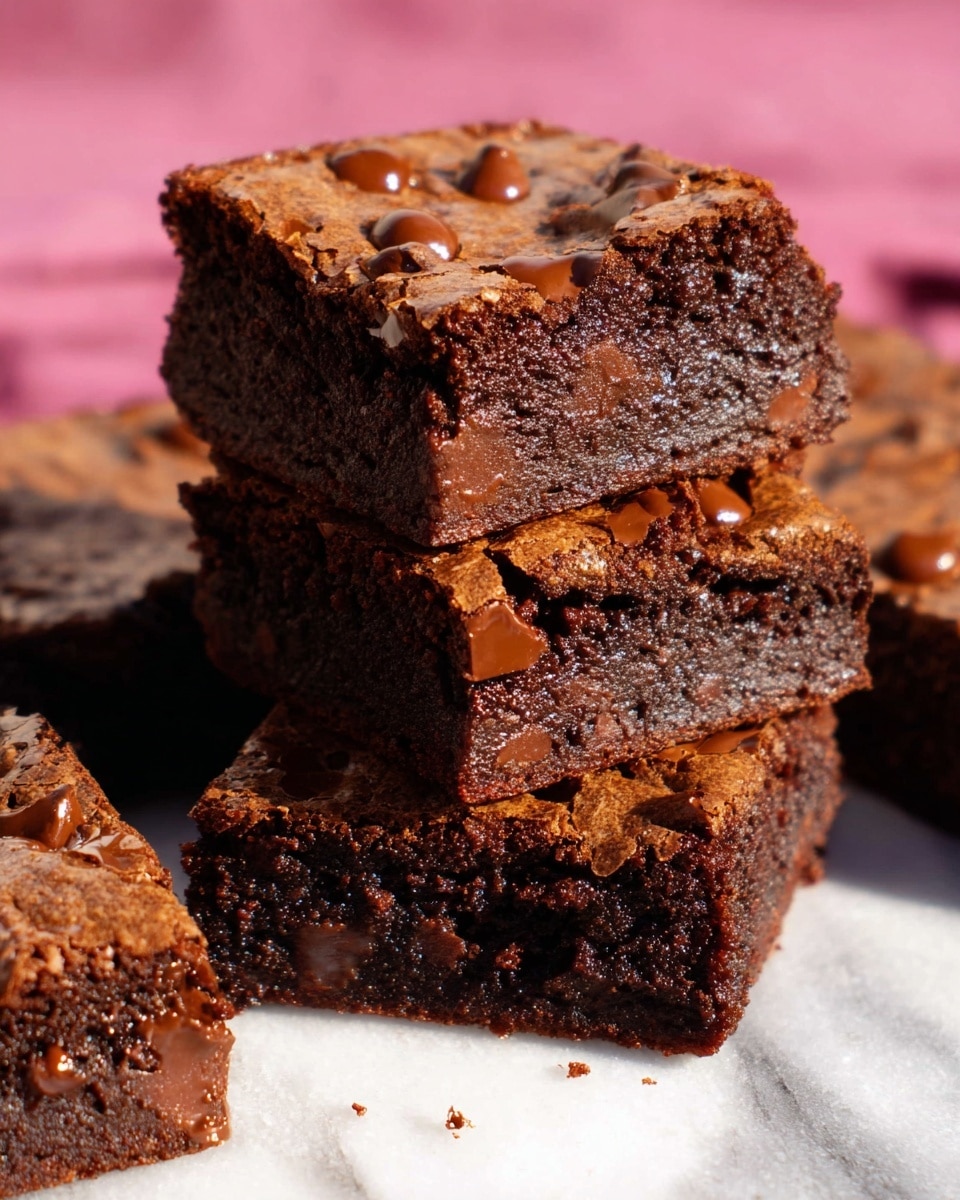 The image shows a stack of four thick, rich chocolate brownies on a white marbled surface. The top two brownies are stacked, showing moist dark brown interiors filled with melted chocolate chunks, while the bottom brownies lay flat. The brownie tops have a thin, glossy, lighter brown crust dotted with pools of melted chocolate chips, adding a shiny texture. The edges are slightly crumbly, revealing the soft, dense inside. The background is a blurred pink cloth, enhancing the contrast of the dark brownies. photo taken with an iphone --ar 4:5 --v 7