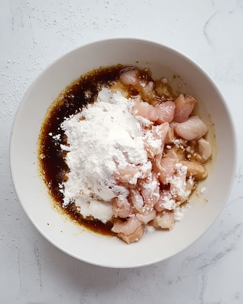 A white bowl sits on a white marbled surface, filled with several layers of ingredients. The bottom layer is small, pale pink pieces of raw chicken, cut into small chunks. On one side of the bowl, dark brown liquid is partially poured over the chicken. Over the chicken and liquid is a thick layer of white powder, mostly in the center, creating a contrast with the pink and brown. The ingredients are not mixed yet, so each layer is clear and separate. photo taken with an iphone --ar 4:5 --v 7