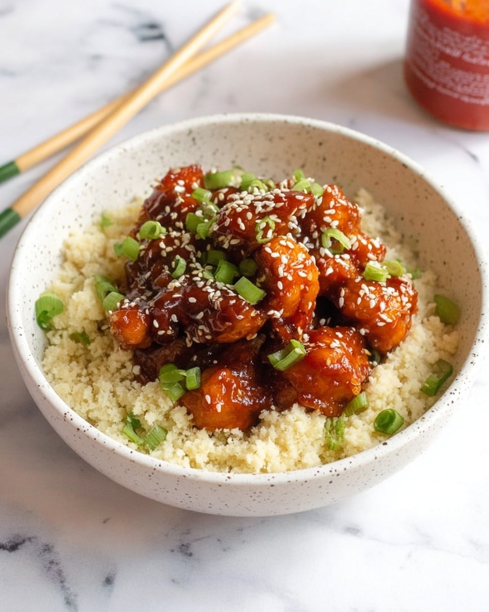 A white speckled bowl holds a dish with two main layers: the bottom layer is a pale, fluffy bed of cauliflower rice, with a slightly grainy texture. On top, there is a thick layer of glossy, brown glazed chicken pieces coated in a shiny sauce. The chicken is sprinkled with white sesame seeds and chopped green onions, which add a pop of green color. The bowl sits on a white marbled surface. Nearby are light wooden chopsticks and a red sauce bottle with white text. Photo taken with an iphone --ar 4:5 --v 7