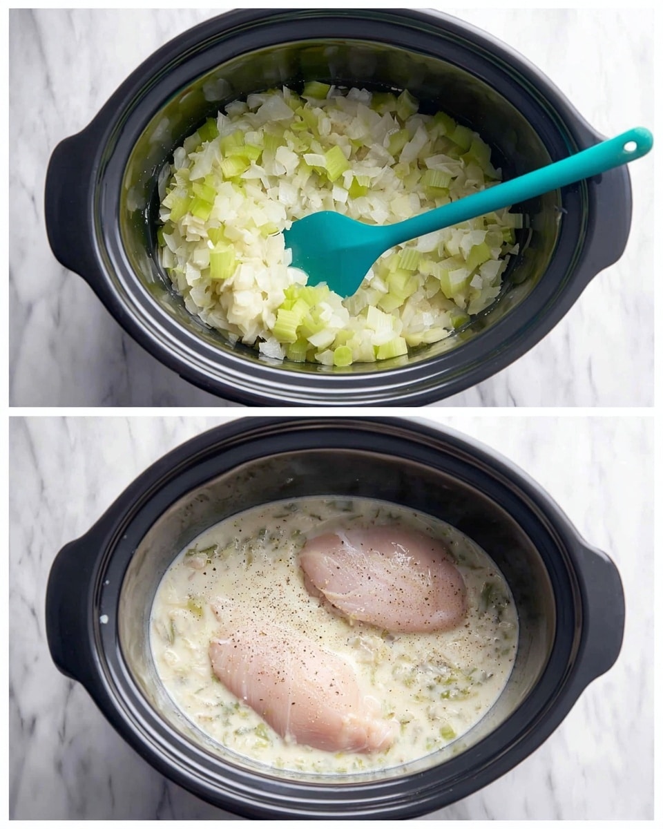 A black slow cooker pot is shown from above on a white marbled surface. In the first image, the pot contains chopped pale green celery and white onion pieces with a teal spatula resting inside, mixing the ingredients. In the second image, the pot holds two raw light pink chicken breasts partially submerged in a creamy white sauce that has small bits of celery and onion visible, sprinkled lightly with black pepper. The inside of the pot is smooth and black, and the images capture the texture and wetness of the ingredients clearly. photo taken with an iphone --ar 4:5 --v 7