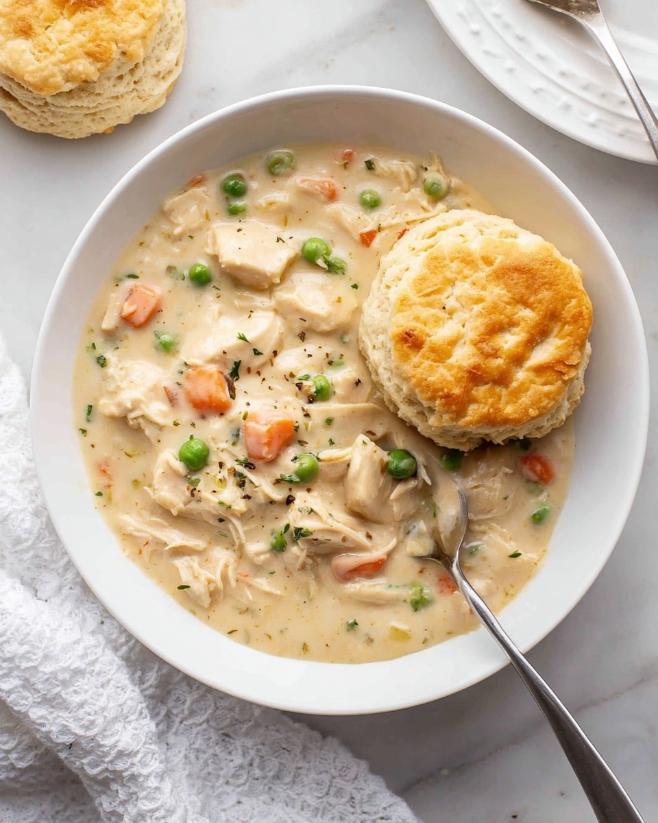 A white bowl filled with creamy chicken and vegetable stew, showing tender white pieces of chicken mixed with small green peas and diced orange carrots in a thick light beige sauce. On one side of the stew sits a golden-brown biscuit with a slightly cracked top, giving it a soft, flaky look. A silver fork rests inside the bowl on the right side, partially touching the biscuit. The bowl is placed on a white marbled surface with a white textured cloth nearby, and part of another biscuit is seen on a white plate in the background. Photo taken with an iphone --ar 4:5 --v 7