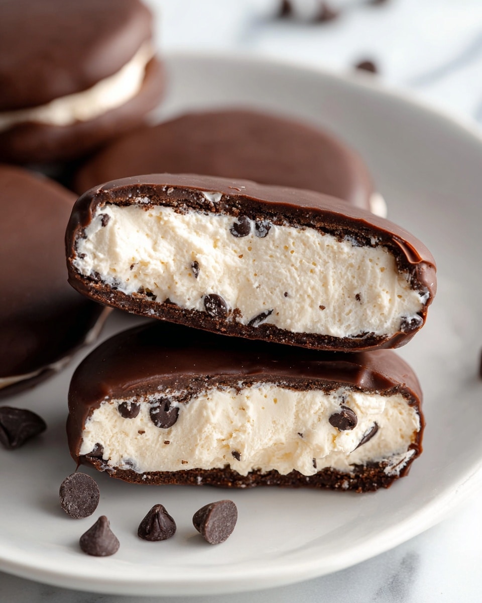 The image shows a close-up of a cookie with two main layers; the top and bottom parts are dark brown chocolate with a smooth and slightly shiny texture, forming a thin shell. Between the chocolate layers is a thick, creamy white filling that looks soft and fluffy with some small dark chocolate chips mixed inside it. The cookie is placed on a white plate, which is on a white marbled surface. Some whole chocolate chips are scattered near the cookie. Photo taken with an iphone --ar 4:5 --v 7