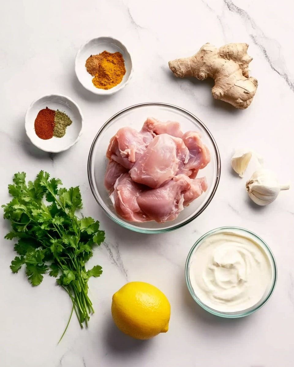 The image shows a white marbled table with several ingredients placed neatly. In the center, there is a clear glass bowl filled with raw pink chicken pieces. To the left of the bowl, there is a small bunch of fresh green cilantro and a small white bowl containing different powdered spices in shades of brown, orange, and yellow. Above the chicken bowl, there is a piece of fresh ginger root. To the right, there is a small glass bowl with creamy white yogurt, a whole bright yellow lemon, and a single garlic clove. The overall look is clean and organized, with a clear focus on the raw chicken and complementary ingredients. Photo taken with an iphone --ar 4:5 --v 7