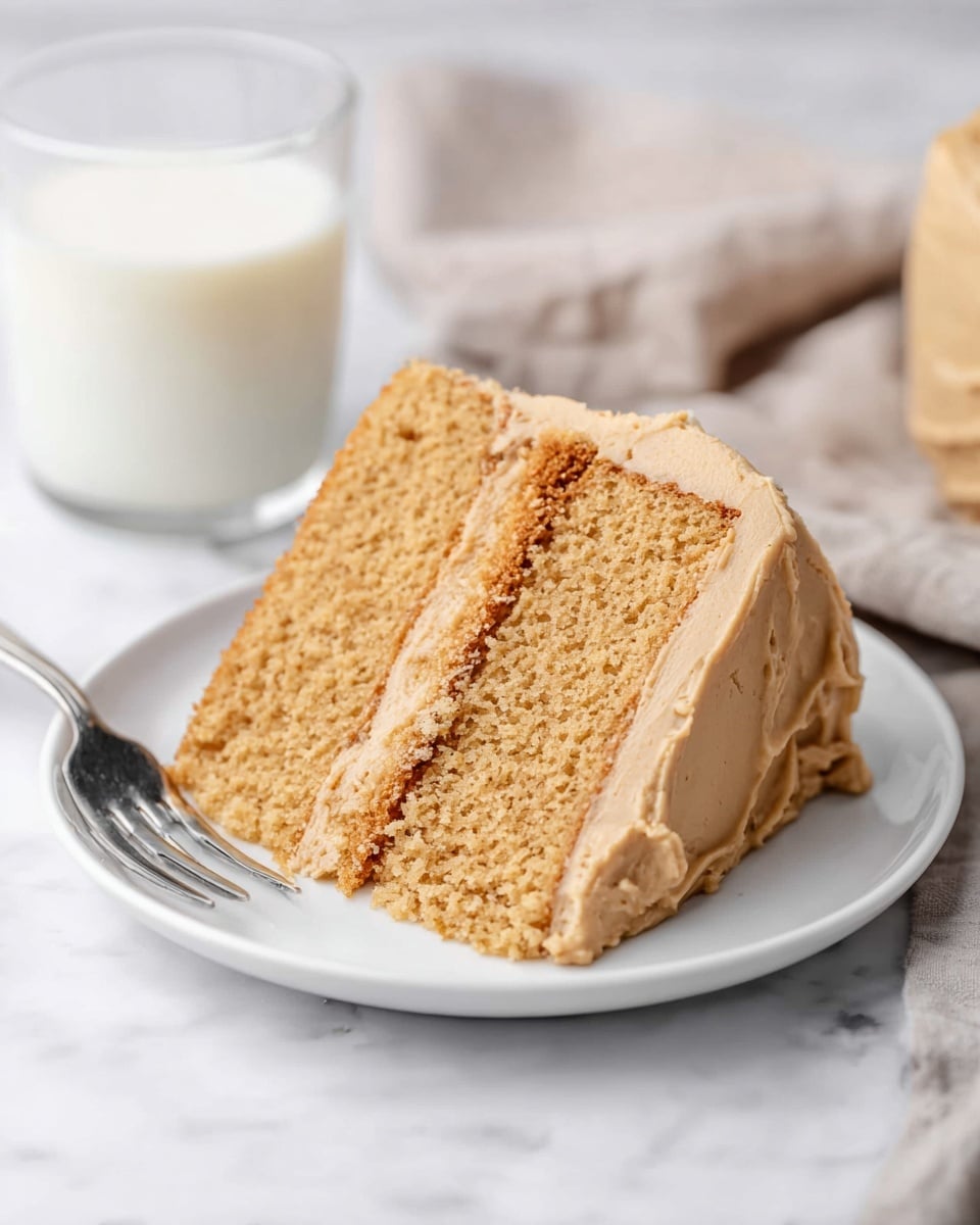 A slice of two-layer light brown cake sits on a white plate with thick, creamy light brown frosting covering the top and sides. Between the two layers, there is a layer of smooth frosting with a small crunchy textured line in the middle. The plate rests on a white marbled surface with a silver fork nearby. In the background, there is a clear glass filled with milk and a soft beige cloth. photo taken with an iphone --ar 4:5 --v 7