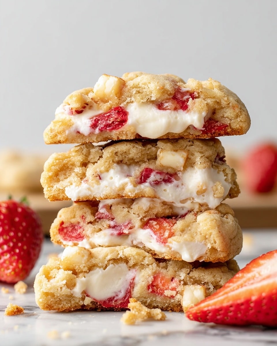 The image shows a stack of four thick, soft cookies, each broken in half to reveal a creamy white filling with pieces of bright red strawberry mixed inside. The cookie dough is light golden brown and crumbly, with chunks of strawberry embedded in the dough and visible throughout each layer. The cookies are stacked vertically on a white marbled surface, with a couple of fresh strawberry halves and small cookie crumbs scattered around the base. The overall look is warm and inviting, highlighting the soft texture and creamy center of the cookies photo taken with an iphone --ar 4:5 --v 7