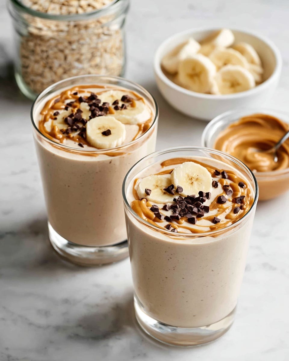 Two clear glasses are filled with a creamy beige smoothie. Each glass has three thin slices of banana on top, drizzled with a light brown peanut butter swirl and sprinkled with small, dark chocolate chips. The glasses sit on a white marbled surface. In the background, there is a glass jar of light-colored oats with a lid, a white bowl filled with banana slices, and a small clear bowl of smooth peanut butter. Photo taken with an iphone --ar 4:5 --v 7