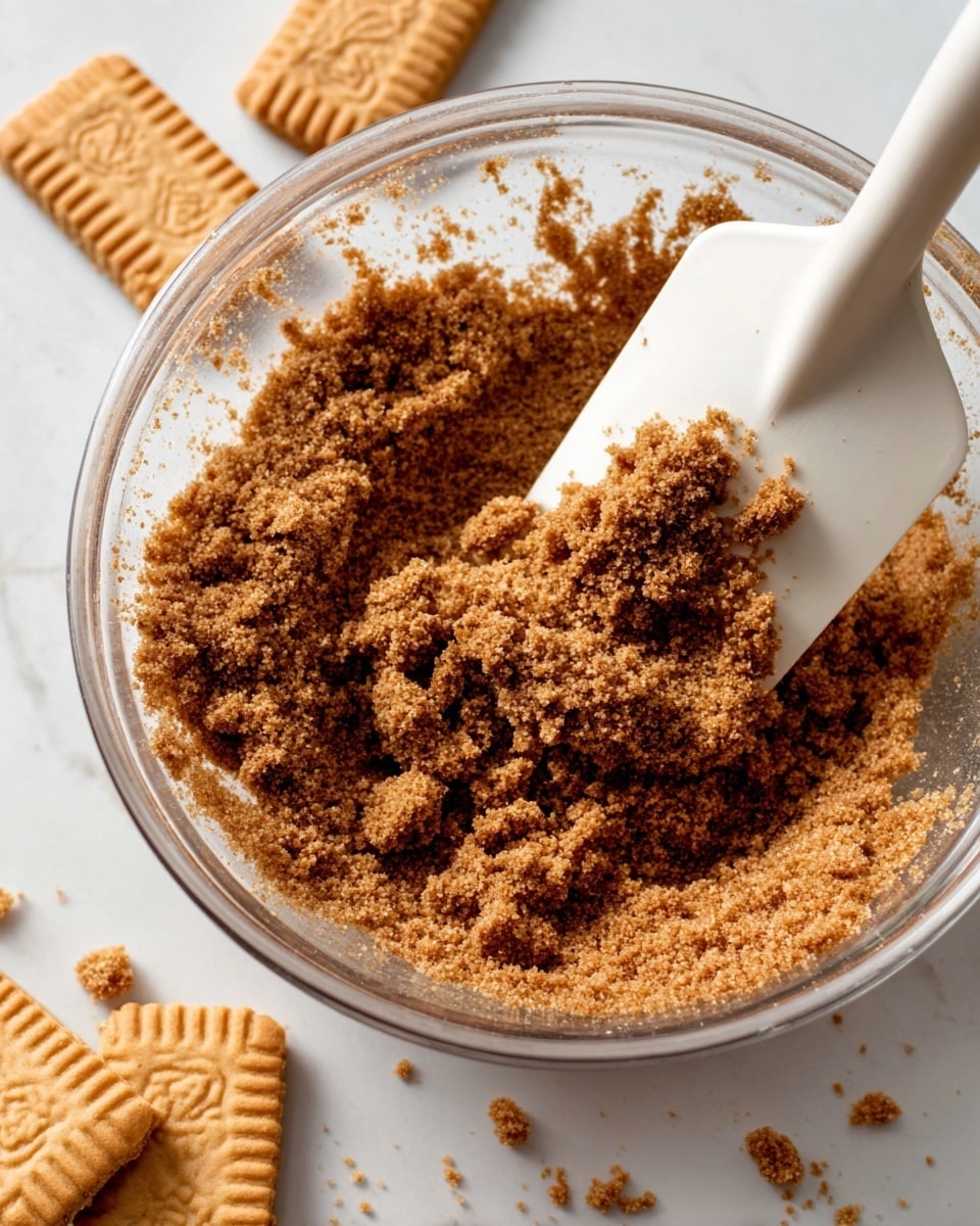 A clear glass bowl holds a crumbly mix of fine brown crumbs with a rough texture, being stirred with a smooth, white spatula placed on the right side of the bowl. Around the bowl, there are several rectangular light brown cookies with an embossed design scattered on a white marbled surface. The crumb mixture contrasts with the flat, dry cookies and the clean bowl edges, creating a textured and warm-toned scene. photo taken with an iphone --ar 4:5 --v 7