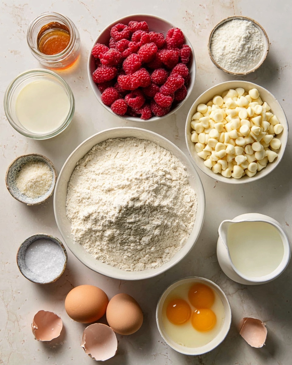 The image shows several ingredients placed separately in white bowls and glass containers on a white marbled surface. In the center is a large white bowl filled with white flour that has a slightly rough texture. Above it to the right is a smaller white bowl filled with smooth, pale yellow white chocolate chips. To the left of the chips is a white bowl filled with bright red raspberries, showing a bumpy, juicy texture. Around these are smaller containers including a glass jar with a light brown liquid, a small bowl of white powder, a small bowl with coarse salt, a glass pitcher with white milk, a small bowl filled with light yellow liquid, a bowl with two raw eggs showing yellow yolks and clear whites, and some empty brown eggshells nearby. photo taken with an iphone --ar 4:5 --v 7