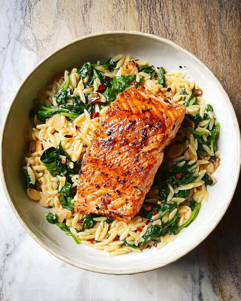 The dish is served in a white round bowl placed on a white marbled textured surface. The bottom layer consists of orzo pasta mixed with wilted green spinach leaves, small pieces of a light-colored ingredient, and specks of black pepper and red chili flakes scattered throughout, giving texture and spice. On top, centered, lies a golden-brown, well-seasoned, and grilled salmon fillet with a slightly crispy surface, showing grill marks and a touch of oil that makes it shiny. The overall presentation is colorful with a mix of green, light yellow, and orange shades. photo taken with an iphone --ar 4:5 --v 7
