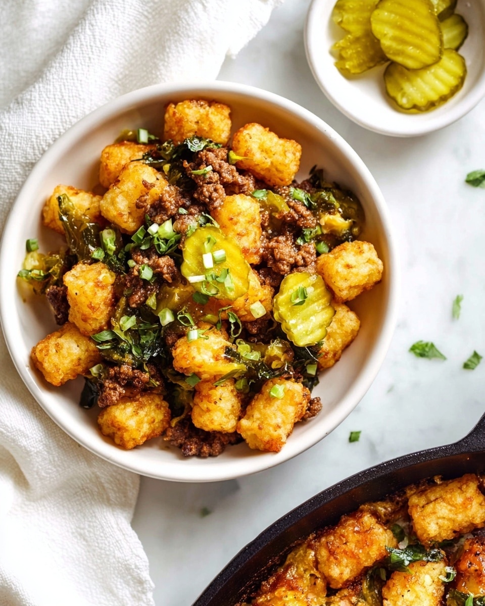 A close-up image shows a white bowl filled with tater tots that are golden and crispy, mixed with browned ground meat and wilted green leaves, all topped with small pieces of light yellow pickles and fresh chopped green herbs. To the right, there is a white bowl holding additional small pickle pieces. In the bottom right corner, part of a black skillet is visible, filled with a similar mixture of tater tots, meat, wilted greens, and garnished with pickles and green herbs. The scene is set on a white marbled surface with a white cloth partially visible on the left side. Photo taken with an iphone --ar 4:5 --v 7