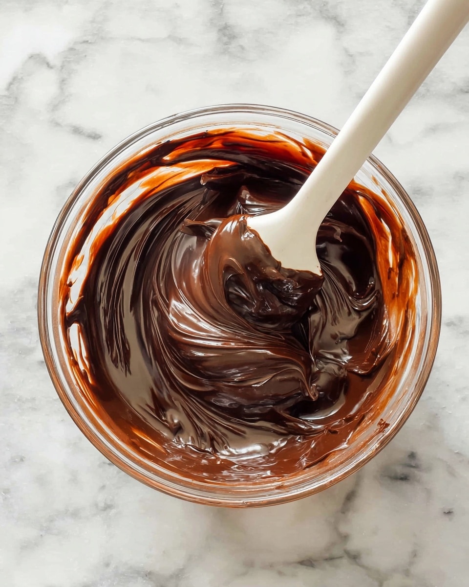 A clear glass bowl filled with one thick and shiny layer of smooth dark chocolate mixture is seen on a white marbled surface. A white spatula is lifting some of the chocolate, showing swirls and folds in the glossy texture. The edges of the bowl have some smudges of chocolate, adding a natural feel to the image. photo taken with an iphone --ar 4:5 --v 7