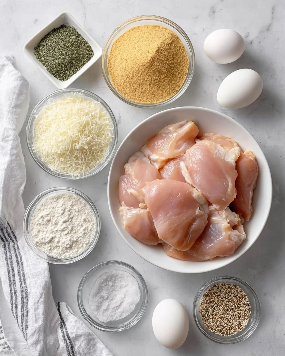 The image shows raw chicken pieces placed in a white bowl on a white marbled surface. Around the bowl, there are small clear glass bowls filled with various ingredients: white grated cheese, a light brown powder, yellow breadcrumbs, white flour, and a small square bowl with dried green herbs. Also included are two white eggs and a small round bowl with white salt, along with a tiny bowl containing mixed seeds or seasoning with a spoon in it. A white cloth with grey stripes is partly visible in the corner. The colors are soft and natural, with the chicken showing a pale pink color and the powders and herbs offering a range of whites, browns, yellows, and greens, photo taken with an iphone --ar 4:5 --v 7