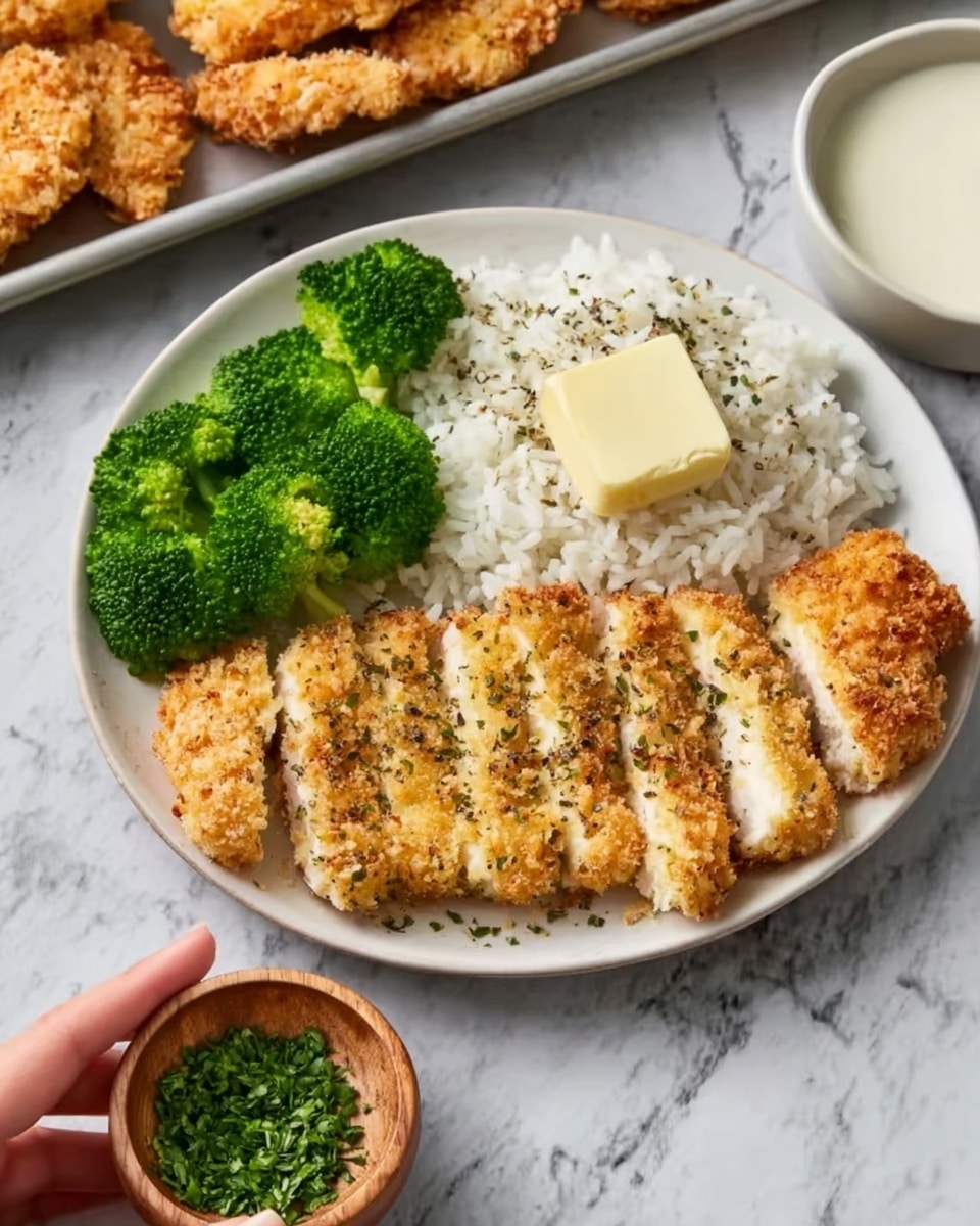 The image shows a white plate on a white marbled surface holding a meal with three main parts. On the left side, there is a small pile of steamed bright green broccoli. Next to the broccoli, there is a serving of white rice topped with a square of melting butter sprinkled with black pepper. The right side of the plate features sliced, golden-brown breaded chicken with a crunchy texture, arranged in a row. Above the chicken, there is a small white bowl filled with creamy white sauce. In the background, a metal tray holds additional breaded chicken pieces. A woman's hand is positioned near the plate holding a small wooden bowl filled with finely chopped green herbs. Photo taken with an iphone --ar 4:5 --v 7