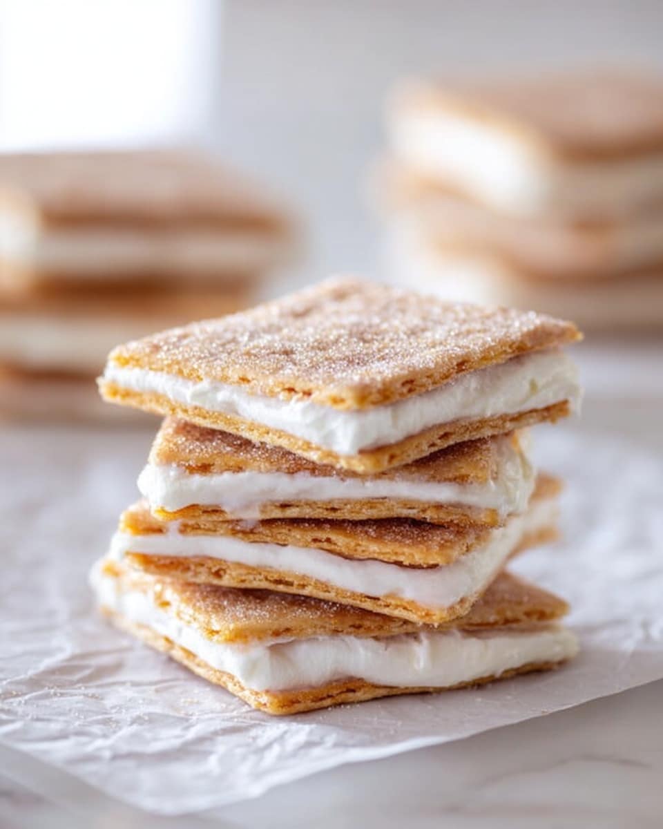 A stack of seven square crackers, each separated by a layer of white cream. The crackers are light golden brown with a slightly rough texture on top sprinkled with sugar, and the cream layers are smooth and thick, visible between each cracker. The stack sits on crinkled white parchment paper over a white marbled surface, with two more layers of crackers and cream slightly blurred in the background. Photo taken with an iphone --ar 4:5 --v 7
