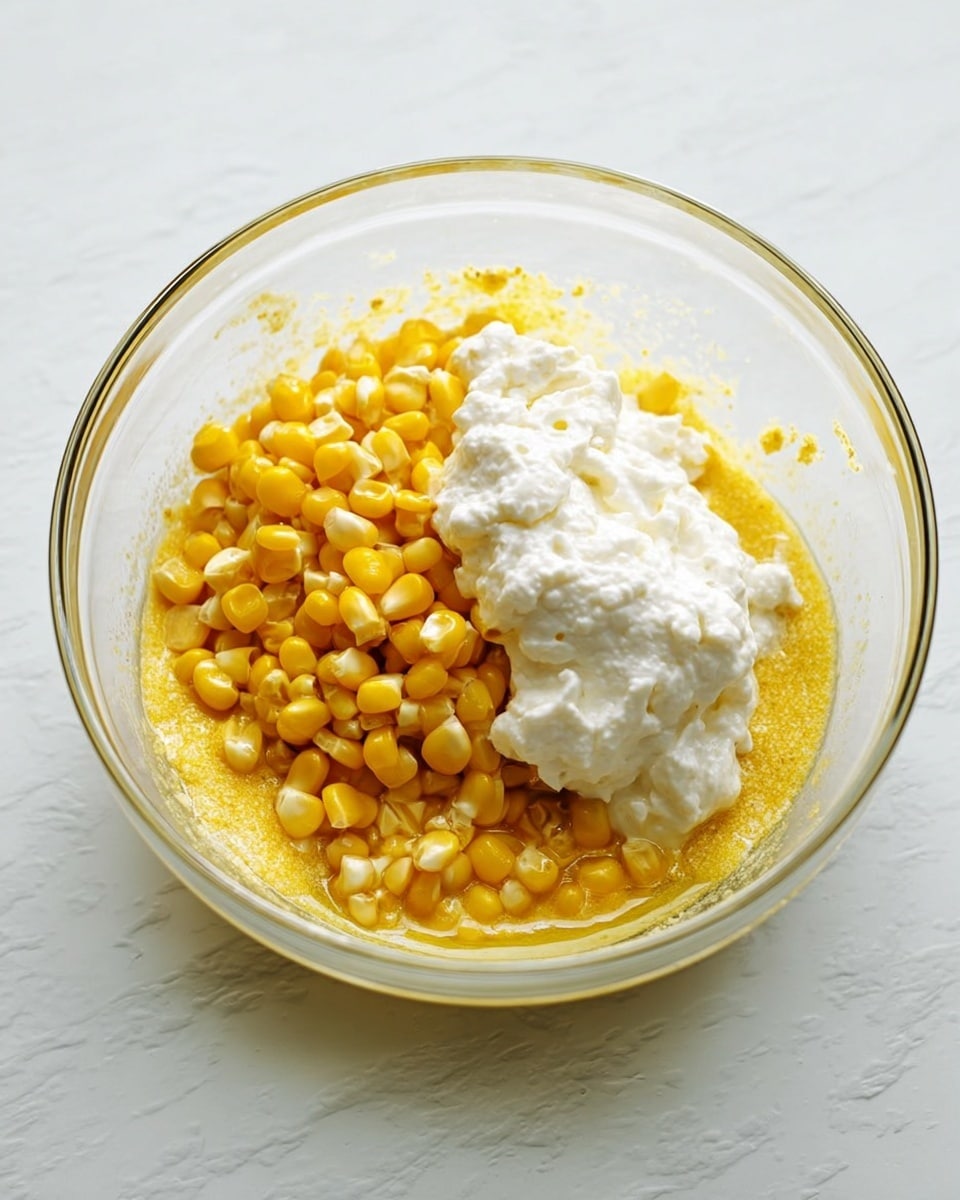 A clear glass bowl is filled with several layers: at the bottom there is a wet yellow mixture with visible corn meal texture, above it a layer of bright yellow whole corn kernels spread unevenly, and on top of the corn kernels there is a dollop of thick white cream with a slightly rough texture on one side of the bowl. The bowl sits on a white marbled surface. photo taken with an iphone --ar 4:5 --v 7