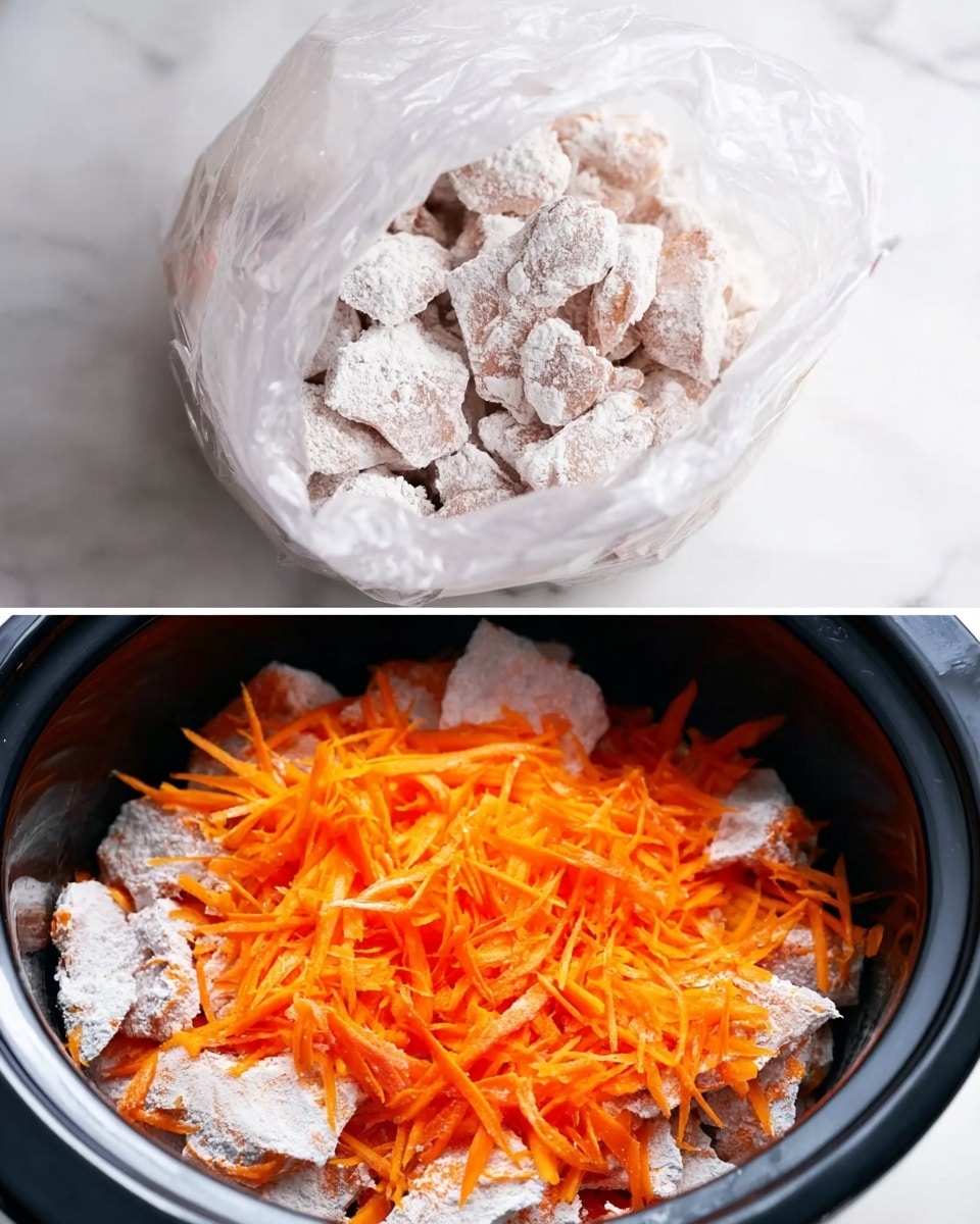 The left image shows a close-up of a transparent plastic bag partially open, filled with raw food pieces coated in white flour, sitting on a white marbled surface. The right image shows an overhead view of a black slow cooker filled with pieces of raw food dusted with flour, layered at the bottom, topped with a generous pile of bright orange shredded carrots evenly spread across the surface. photo taken with an iphone --ar 4:5 --v 7