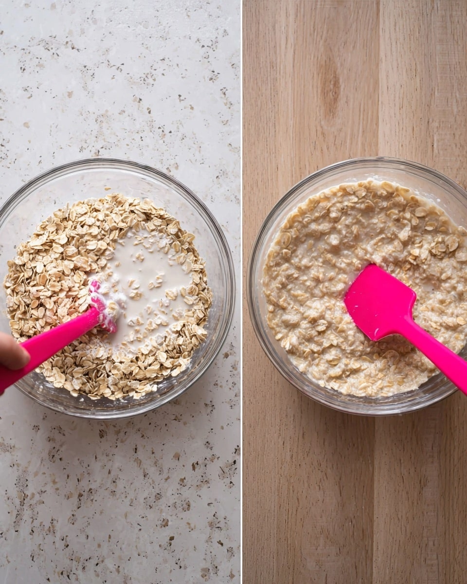 Two clear glass bowls sit side by side on a white marbled texture surface. The left bowl contains dry beige rolled oats with a splash of white milk being mixed by a bright pink spatula held by a woman's hand. The right bowl shows the same oats fully soaked and mixed in milk, creating a thicker light beige, slightly bubbly mixture with the same pink spatula resting inside. The texture changes from dry and flaky on the left to wet and more uniform on the right. Photo taken with an iphone --ar 4:5 --v 7