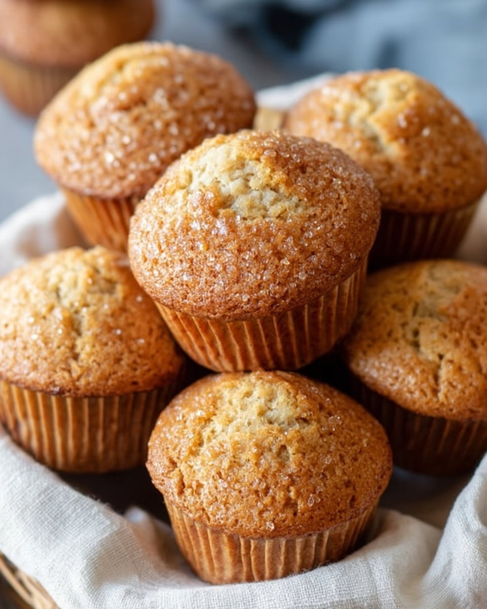 A close-up view of a bunch of golden brown muffins piled on each other, each muffin showing a slightly rough textured top with sparkling sugar crystals. The muffins have visible cracks and a natural baked look, with lighter and darker brown shades blending softly. The muffins are sitting on a white cloth inside a basket, all placed on a white marbled surface. The background is softly blurred with hints of grey and blue tones. photo taken with an iphone --ar 4:5 --v 7