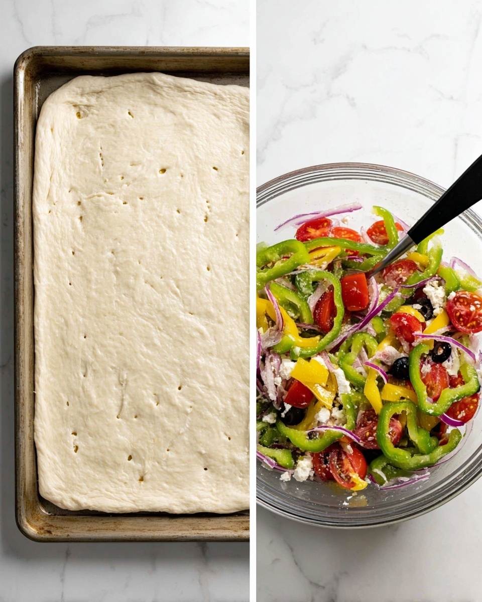 The image shows two side-by-side views: on the left, a rectangular pizza dough with a light beige color, stretched and pressed evenly into the edges of a baking tray, with small holes poked into the surface for air release; on the right, a clear glass bowl filled with a colorful salad of sliced green bell peppers, halved cherry tomatoes in red, thin slices of purple onion, small pieces of yellow pepper rings, black olives, and small white crumbles of cheese, mixed with a black spoon resting inside the bowl; both items are placed on a white marbled surface photo taken with an iphone --ar 4:5 --v 7