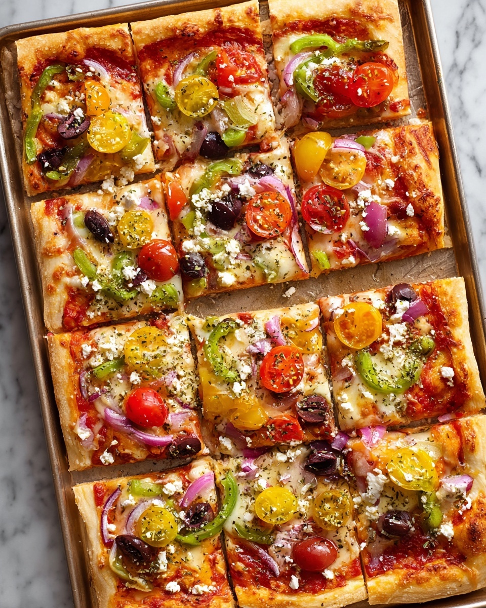 A rectangular pizza cut into twelve square slices is shown on a baking tray over a white marbled surface. The pizza has a thick light golden crust and a red tomato sauce base layered with melted mozzarella cheese. Each slice is topped with halved cherry tomatoes in bright red, sliced green bell peppers, black and purple olives, yellow pepper rings, thin slices of red onion, and small white crumbles of cheese, possibly feta. The toppings are spread evenly over the cheesy layer, and a light sprinkle of dried herbs adds speckles of green all over the pizza. The texture of the cheese is smooth and slightly bubbly with light browning. Photo taken with an iphone --ar 4:5 --v 7