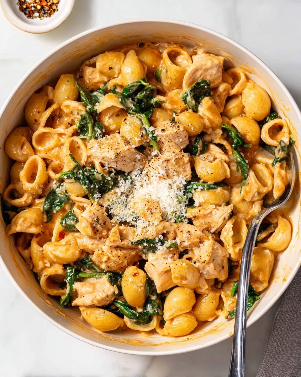 A white bowl filled with a creamy orange macaroni pasta layered with small chunks of light brown chicken and dark green spinach leaves mixed throughout. The top center has a sprinkle of grated white cheese with some black pepper flakes. The pasta curls are shiny and coated in the sauce, and a silver spoon rests on the right side inside the bowl. The bowl is placed on a white marbled surface. Photo taken with an iphone --ar 4:5 --v 7