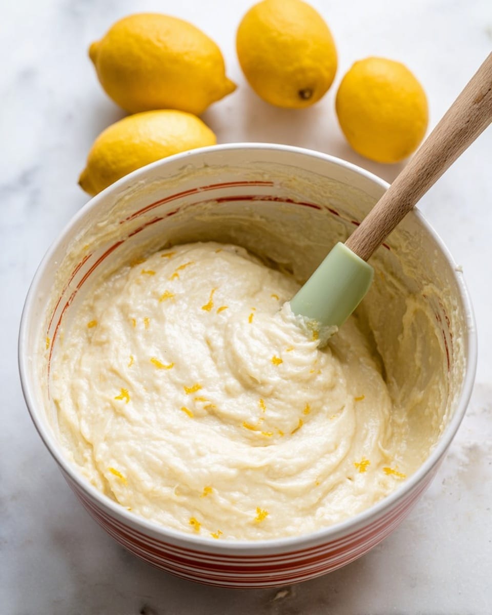A white bowl with red stripes holds a thick, creamy lemon batter that has a smooth texture with small bits of yellow lemon peel mixed in. A wooden spatula with a light green silicone tip is partially submerged in the batter, resting inside the bowl. Around the bowl, three bright yellow lemons sit on a white marbled surface, adding a fresh pop of color to the scene. The light is soft and natural, highlighting the creamy batter and smooth surface of the lemons. photo taken with an iphone --ar 4:5 --v 7