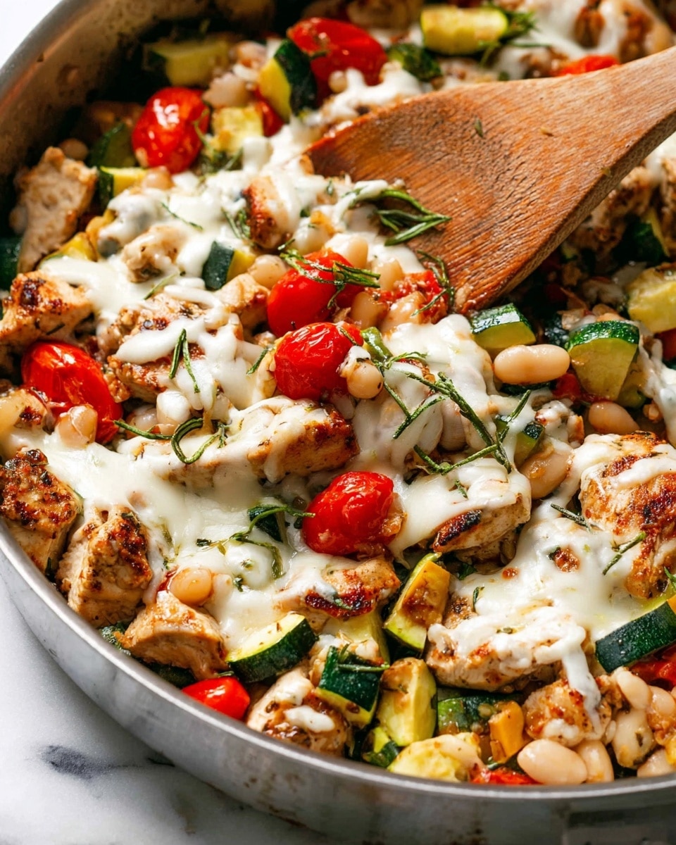 A close-up of a cooked dish in a silver pan with one wooden spoon stirring it, showing three main layers: pieces of browned chicken on top with white melted cheese drizzled unevenly over, a mix of red cherry tomatoes and green-yellow zucchini chunks dispersed throughout, and white beans scattered under and between the other ingredients. Some thin green herb pieces are sprinkled across for color. The background is a white marbled texture. photo taken with an iphone --ar 4:5 --v 7