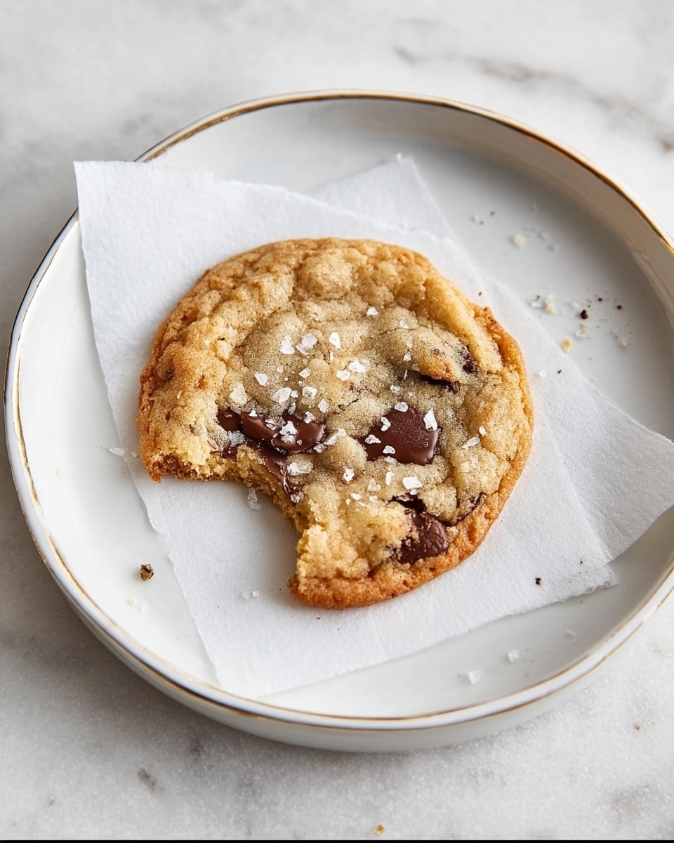 A single round cookie with a bite missing from the top left side sits on a small square of white parchment paper in the center of a white plate with a thin gold rim, resting on a white marbled texture. The cookie is light golden brown with a slightly browned edge, showing soft and slightly rough texture, and has several dark brown chocolate chunks embedded within. A few grains of coarse salt are sprinkled on and around the cookie, adding texture contrast. Photo taken with an iphone --ar 4:5 --v 7