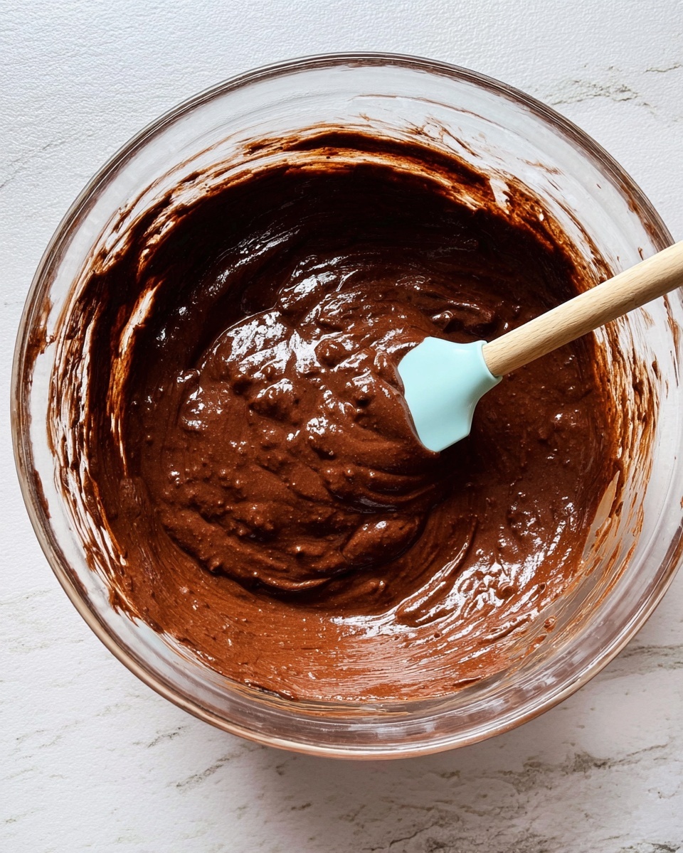 A clear glass bowl sits on a white marbled surface, filled with rich, thick, glossy chocolate batter that has a smooth texture with a few small lumps. The batter’s deep brown color contrasts with the clear bowl, and around the edges, there are smears of the mixture. A cream-colored spatula with a light blue tip rests inside the bowl, partially dipped into the batter, holding a dollop that shows the batter's thickness and shiny surface. photo taken with an iphone --ar 4:5 --v 7