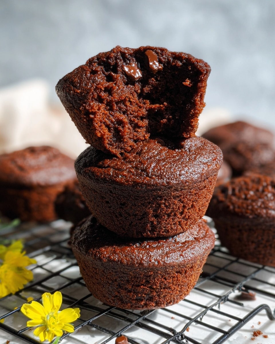 The image shows a stack of three dark brown chocolate muffins placed on a black wire cooling rack over a white marbled surface. The top muffin is broken in half and leaning on the middle muffin, revealing a moist, dense inside with small chunks of melted chocolate. The muffins have a slightly cracked, textured surface with a matte finish. In the background, more muffins on the rack are softly blurred, and a few small bright yellow flowers are placed near the bottom edge of the frame. The lighting creates gentle shadows that highlight the texture of the muffins. photo taken with an iphone --ar 4:5 --v 7