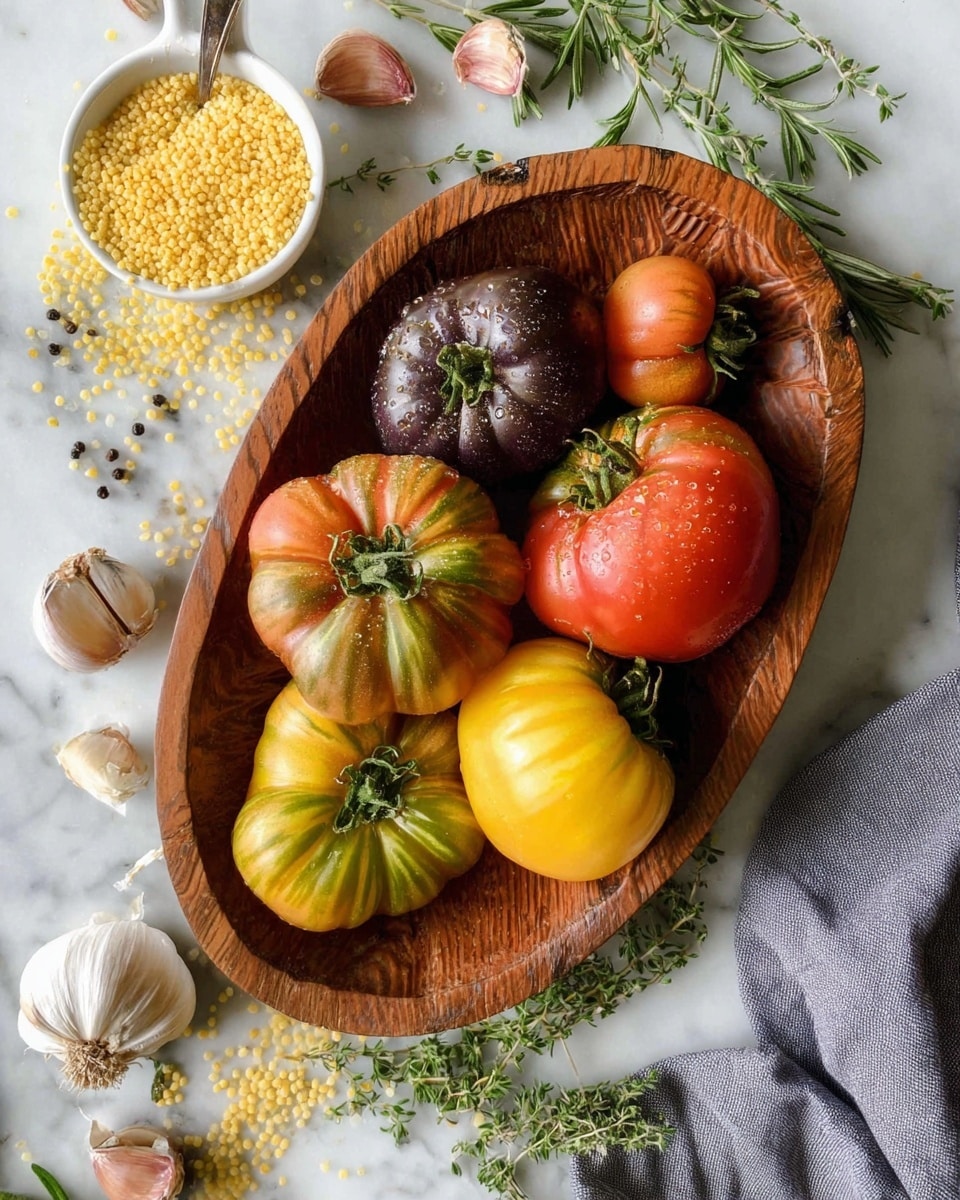 The image shows a rustic wooden bowl filled with seven heirloom tomatoes of different colors including deep purple, bright red, yellow-green, and yellow with orange stripes, arranged closely together to fill the bowl. The tomatoes have a smooth but slightly bumpy texture with varied shapes. Around the bowl on the white marbled surface are green sprigs of rosemary and thyme scattered, along with peeled garlic cloves and a small white cup filled with yellow pearl couscous spilling slightly. A piece of gray cloth is partially visible on the right side. Photo taken with an iphone --ar 4:5 --v 7